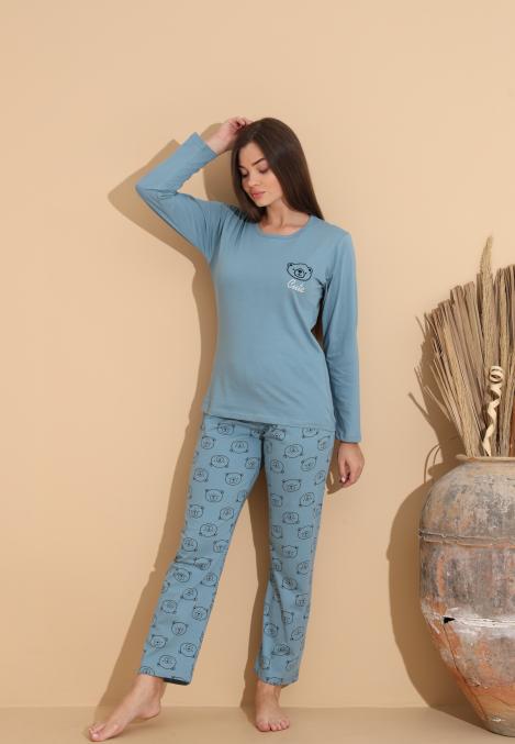 Pijama Dama „Cute” , Pantaloni si Maneca Lunga,Culoare Albstru,Engros